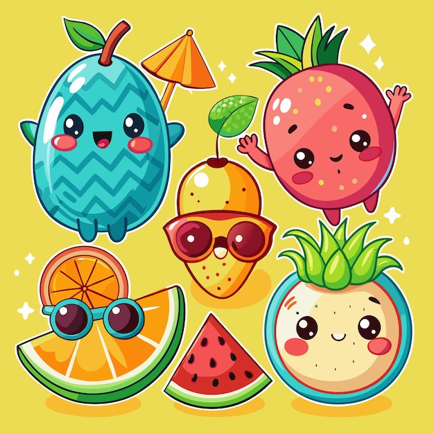 Caracteres de frutas de dibujos animados con gafas de sol y un paraguas sobre fondo amarillo