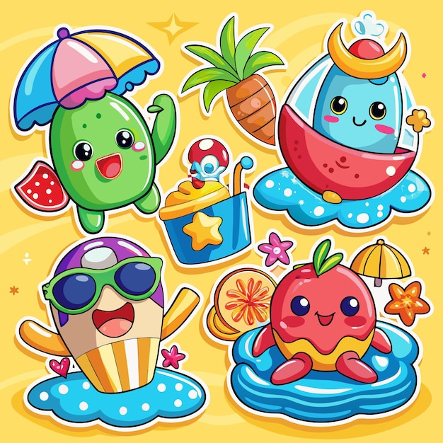 Caracteres de frutas de verano con vibraciones de playa