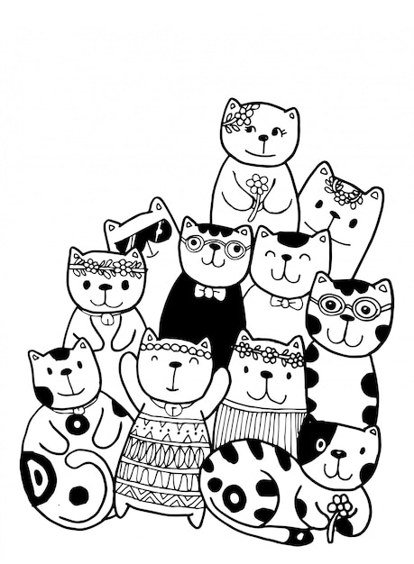 Caracteres del gato establecen estilo doodles ilustración para colorear para niños