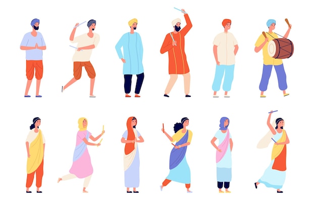 Caracteres indios. Vestido de hombre, personas aisladas visten ropas tradicionales. Calle bailarina asiática feliz, conjunto de vector de grupo de personas de la india. Festival de danza india, celebración tradicional de los jóvenes