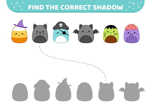 Caracteres lindos de Halloween Encuentra la sombra correcta Juego de coincidencia de sombras Vector de dibujos animados