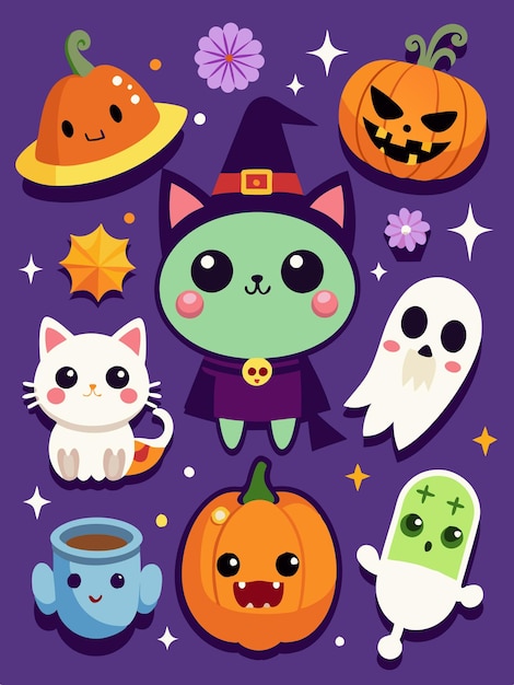 Caracteres lindos de Halloween con fantasmas de calabazas y un gato brujo