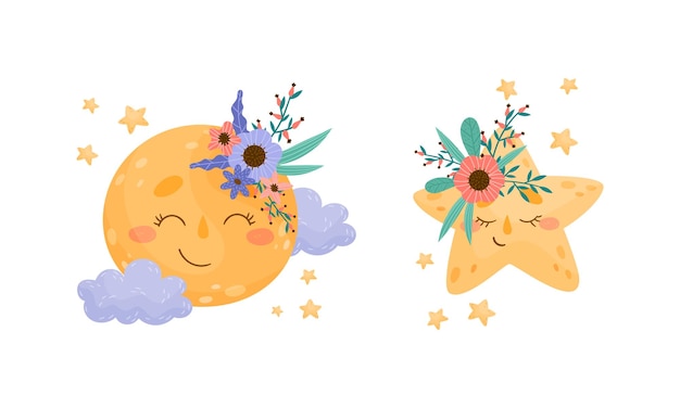 Caracteres lindos de luna y estrellas que llevan coronas de flores silvestres ilustran el conjunto vectorial