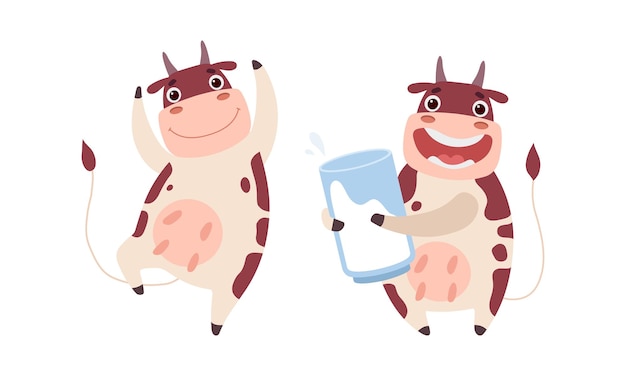 Caracteres lindos de vacas divirtiéndose en un set adorable de animales de granja Ilustración vectorial de dibujos animados