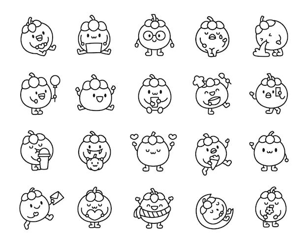 Caracteres de mangosteen kawaii lindos para colorear