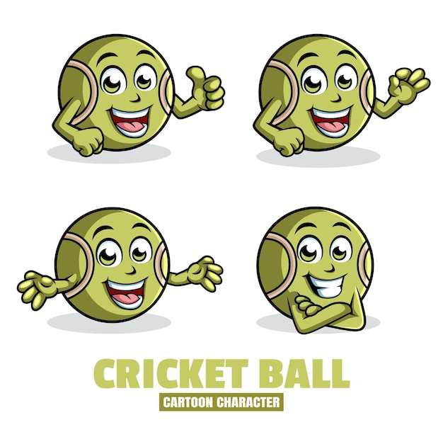 Vector caracteres de mascotas de dibujos animados de pelota de cricket en diferentes poses conjunto de ilustraciones vectoriales
