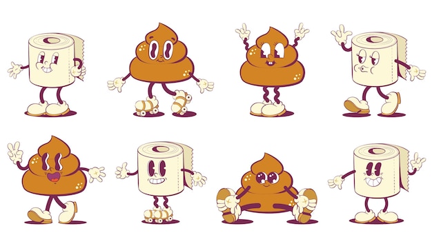 Vector caracteres de mascotas retro de caca y papel higiénico