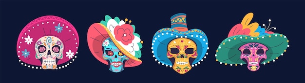 Vector caracteres mexicanos cráneos cara de cráneo de azúcar para el día de los muertos fiesta criaturas mortales obra de arte esqueleto catrina de los muertos o halloween mexico ilustración vectorial elegante