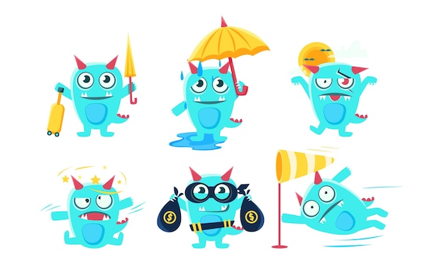 Caracteres de monstruos de dibujos animados bonitos Conjunto de diablos divertidos en diferentes situaciones Ilustración vectorial