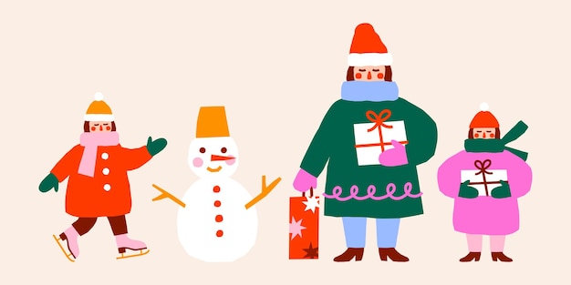 Caracteres de Navidad de estilo recortado Madre e hija con regalos de vacaciones niña patinaje sobre hielo