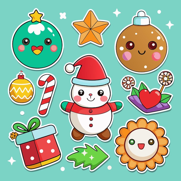 Vector caracteres de navidad lindos pegatinas con un muñeco de nieve árbol pan de jengibre estrella ornamento caña de caramelo y regalo