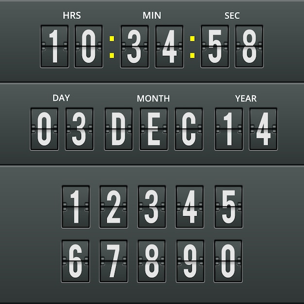 Caracteres y números del aeropuerto en calendario y reloj con conjunto de números. Ilustración para llegadas y cuenta regresiva.