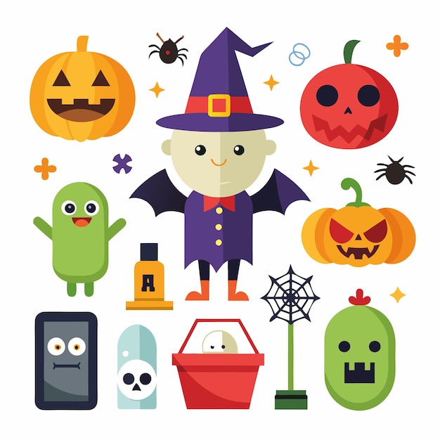 Caracteres y objetos bonitos de Halloween en diseño plano