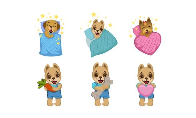 Caracteres de perros pequeños y lindos conjuntos de cachorros humanizados adorables Ilustración vectorial