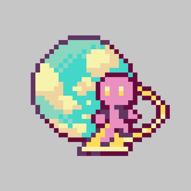 Caracteres pixelados en una copa con un planeta