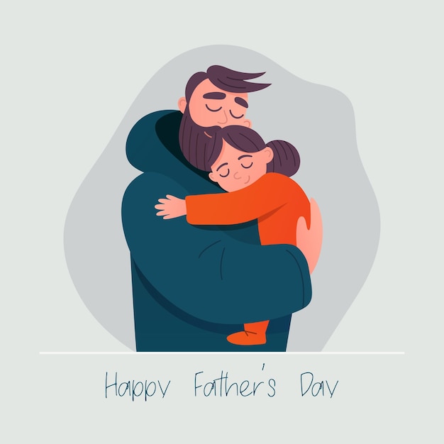 Caracteres planos de dibujos animados Padre y su hija pequeña felices sonriendo abrazando a la gente Pareja padre hija hija de papá en sus brazos abrazos Familia Día del Padre Ilustración conceptual vectorial