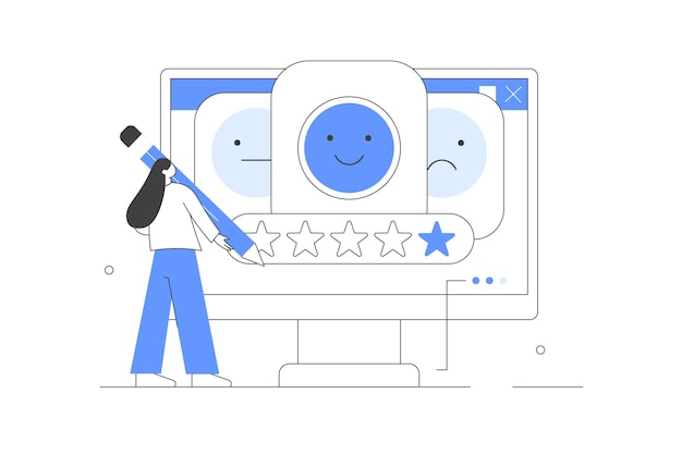 Caracteres que dan reseña Clasificación de satisfacción elegir emoji 5 estrellas en la pantalla de la aplicación de la computadora Vector