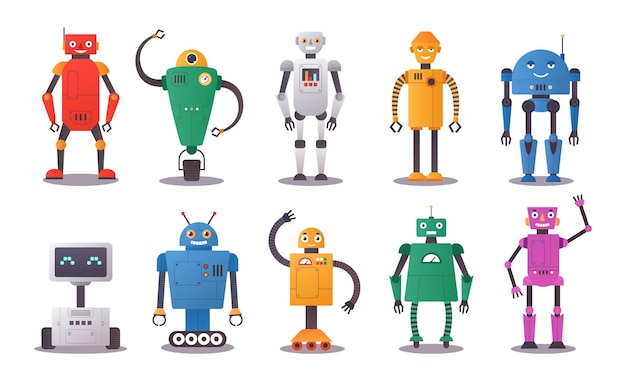 Caracteres robóticos chatbot humano con inteligencia artificial con caras divertidas gestos Android juguetes de automatización ciborgs futuristas aislados asistentes de IA mascotas de soporte técnico vectorial