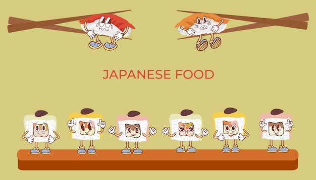 Caracteres y rollos de sushi lindos Comida asiática divertida Colección de elementos de diseño Ilustración vectorial
