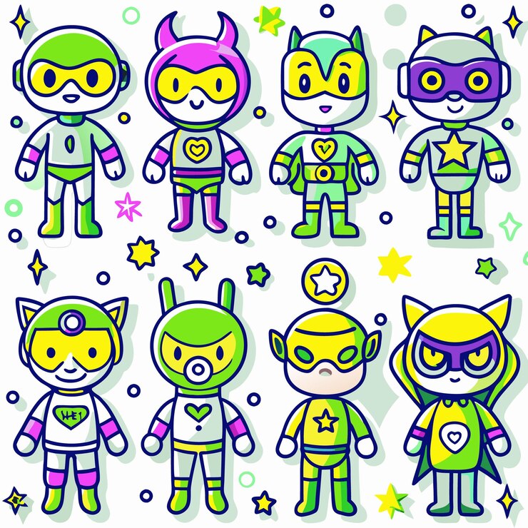 Vector caracteres de superhéroes de dibujos animados con diferentes colores y trajes