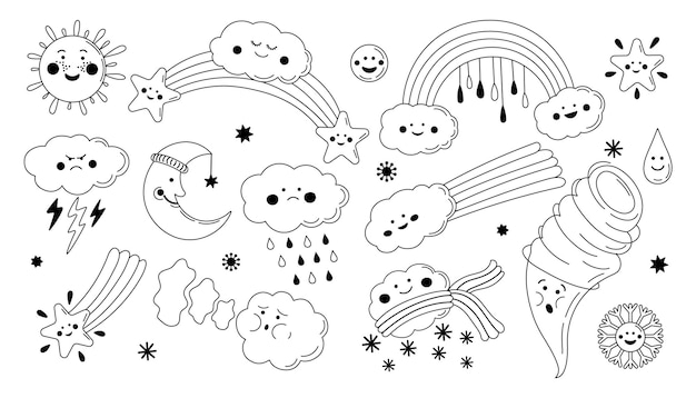 Caracteres del tiempo de línea linda dibujos animados divertidos felices tristes enojados y somnolientos iconos de pronóstico del tiempo lindo meteorología señales de la temporada conjunto de garabates vectoriales