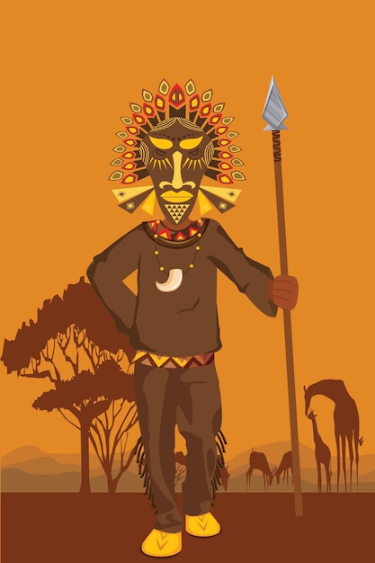 Caracteres tribales nativos africanos con un conjunto de máscaras típico del fondo africano de árboles jirafas