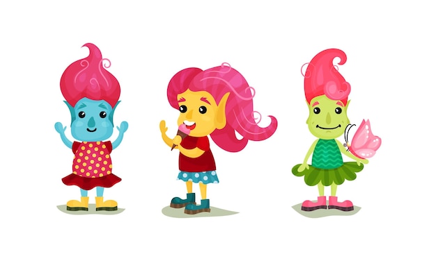 Caracteres de trolls con diferentes colores de piel y cabello