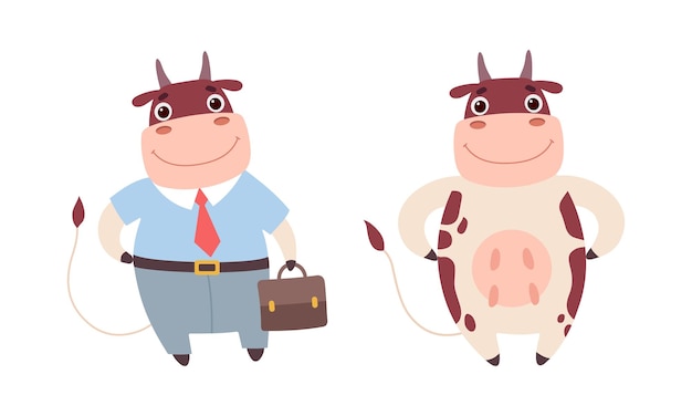Caracteres de vacas adorables Animales de granja adorables de pie en dos patas Ilustración vectorial de dibujos animados