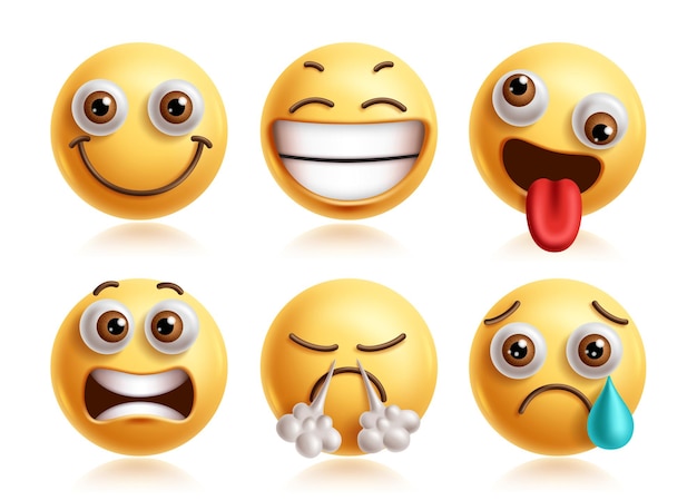 Caracteres vectoriales de emoji de cara tonta Emoji juego de personajes de arte de clip travieso con sorpresa de sonrisa feliz