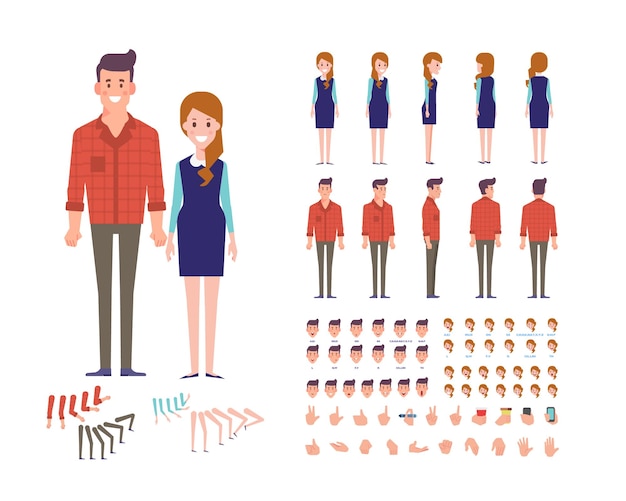 Caracteres vectoriales planos de vista frontal de hombre y mujer para animación