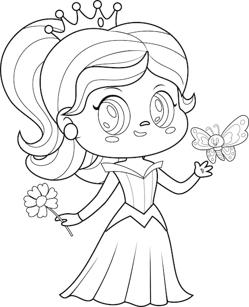 Vector característica de dibujos animados de la princesa con flores y mariposas