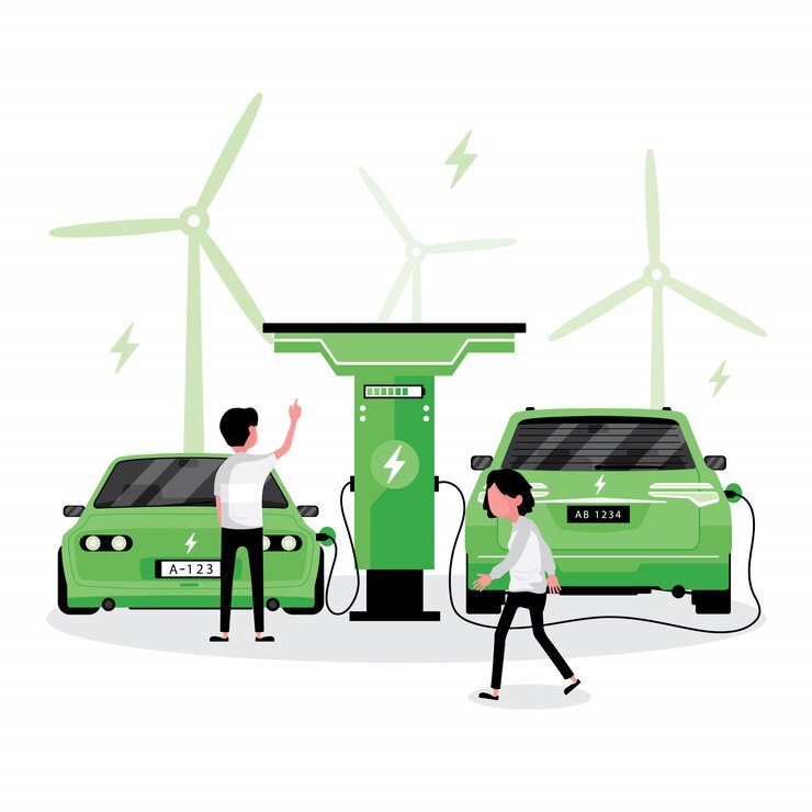 Vector característica de energía alternativa o verde personas que cargan electricidad para su automóvil
