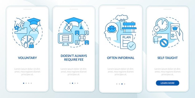 Características de aprendizaje permanente pantalla azul de la aplicación móvil de incorporación tutorial páginas de instrucciones gráficas de 4 pasos con conceptos lineales ui ux plantilla de gui myriad probold fuentes regulares utilizadas