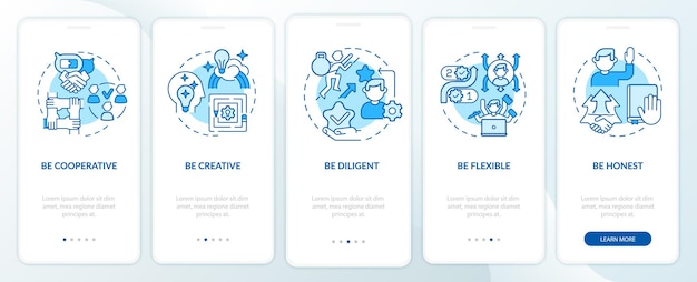 Características para el avance profesional en la pantalla azul de la página de la aplicación móvil incorporada. Tutorial de éxito Instrucciones gráficas de 5 pasos con conceptos. UI, UX, plantilla de vector GUI con ilustraciones en colores lineales
