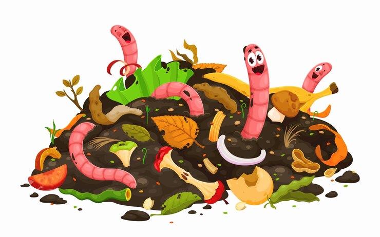 Vector características de los gusanos de compost en los residuos orgánicos del suelo