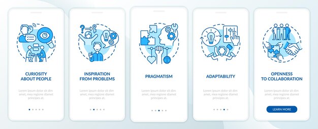 Características de la pantalla de la página de la aplicación móvil de incorporación azul de emprendimiento social. tutorial de instrucciones gráficas de 5 pasos con conceptos. ui, ux, plantilla de vector de gui con ilustraciones en colores lineales