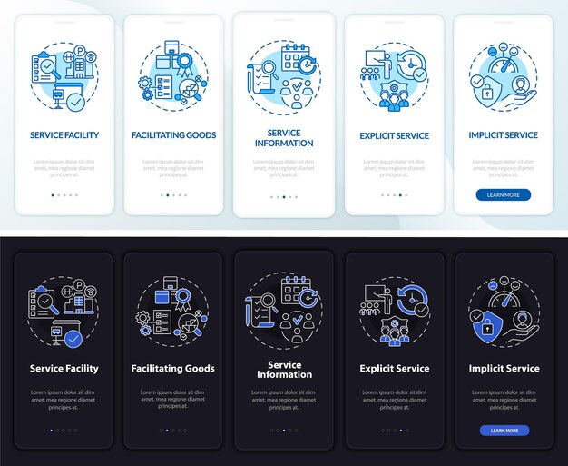 Características del servicio pantalla de la página de la aplicación móvil de incorporación oscura y clara