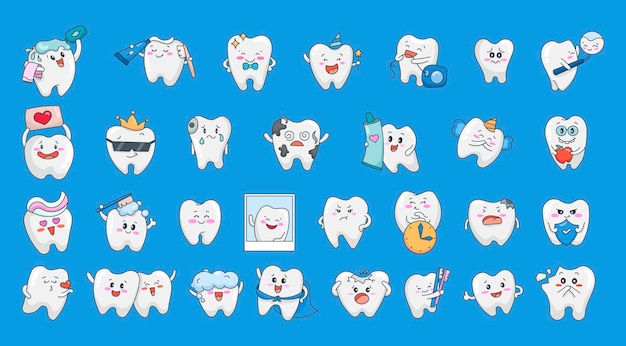 Característico de dientes lindos Concepto de cuidado y limpieza Rutinaria de la mañana Dibujo vectorial de odontología.