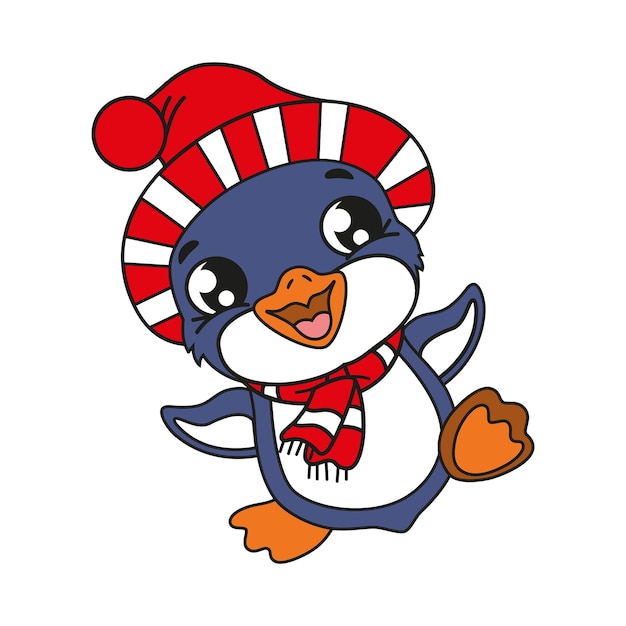 Característico pingüino de dibujos animados en fondo blanco con sombrero rojo y bufanda Objeto aislado