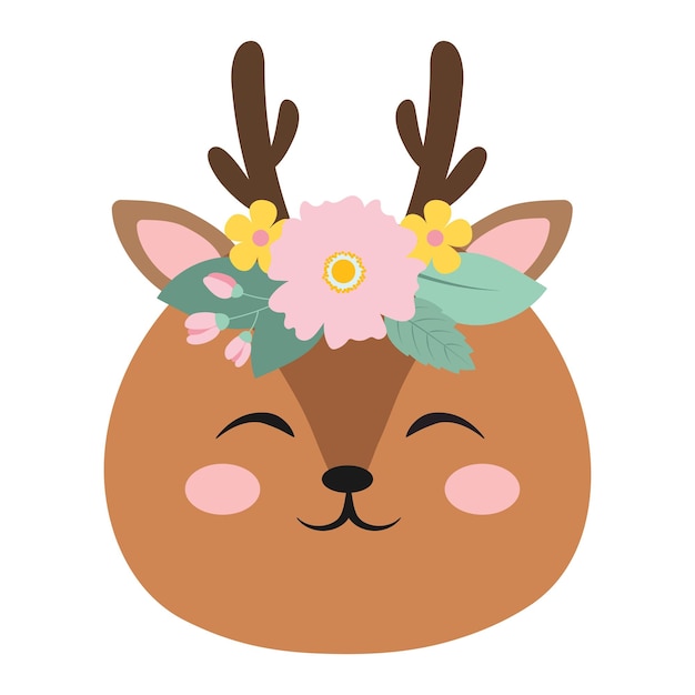 Vector carajo de ciervo sonriente y lindo animal del bosque de dibujos animados con flores ilustración vectorial aislada