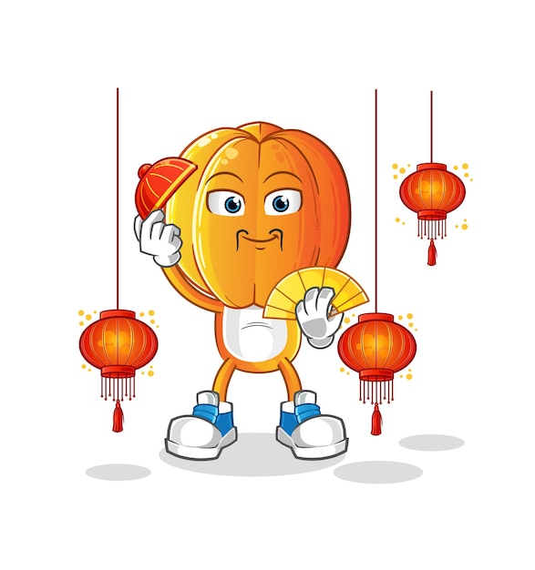 Carambola cabeza dibujos animados chino con linternas ilustración vector de caracteres
