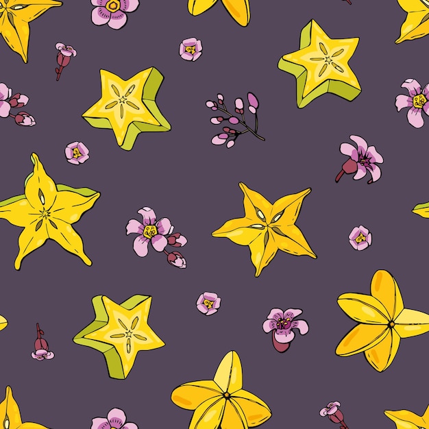 Carambola. Fruta de patrones sin fisuras con Carambola. Diseño para tela, textil, papel pintado, embalaje.