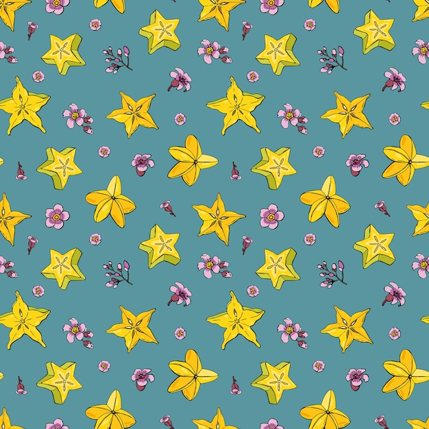 Carambola. Fruta de patrones sin fisuras con Carambola. Diseño para tela, textil, papel pintado, embalaje.