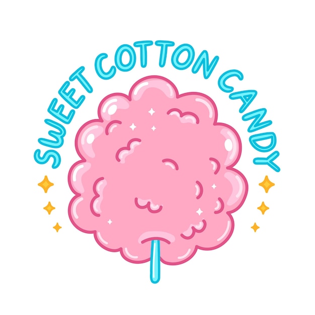 Caramelo de azúcar de algodón rosado dulce divertido lindo. Vector mano dibujada icono de logotipo de etiqueta de ilustración de dibujos animados. Aislado sobre fondo blanco. Concepto de logo de algodón de azúcar dulce