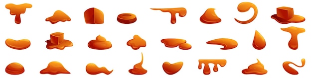 Caramelo cae iconos conjunto de dibujos animados vector salsa de azúcar caramelo