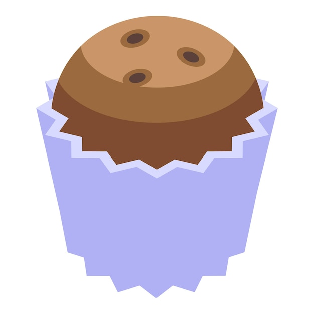 Caramelo de chocolate en taza de papel púrpura sentado sobre un fondo blanco
