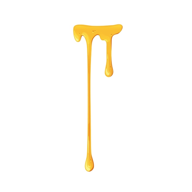 Caramelo derritiéndose, goteando con finas corrientes de azúcar. Fugas de jarabe líquido de arce. Líquido de miel de abeja de oro ámbar que fluye, gotas, goteo. Ilustración de vector gráfico plano aislado sobre fondo blanco