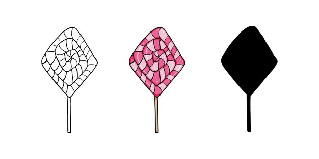 Caramelo en un palo a rayas dulce postre garabato dibujos animados lineales para colorear