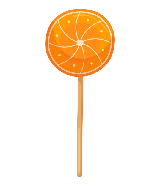 Vector caramelo redondo lindo en forma de naranja aislado en un palo sobre un fondo blanco caramelo sabroso minimalista para