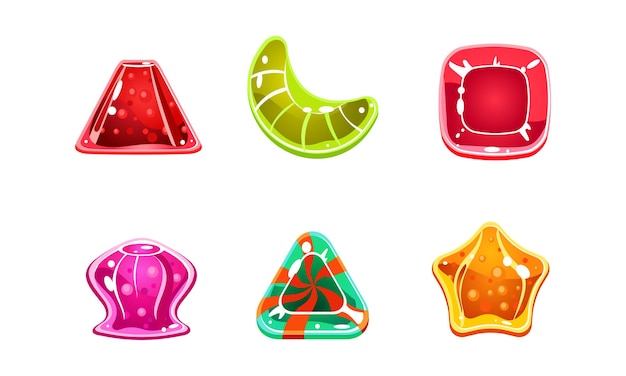 Los caramelos brillantes establecen dulces multicolores de diferentes formas activos de interfaz de usuario para aplicaciones móviles o